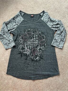 Harley-Davidson Dark Gray Raglan Lace Sleeve Graphic Tee
